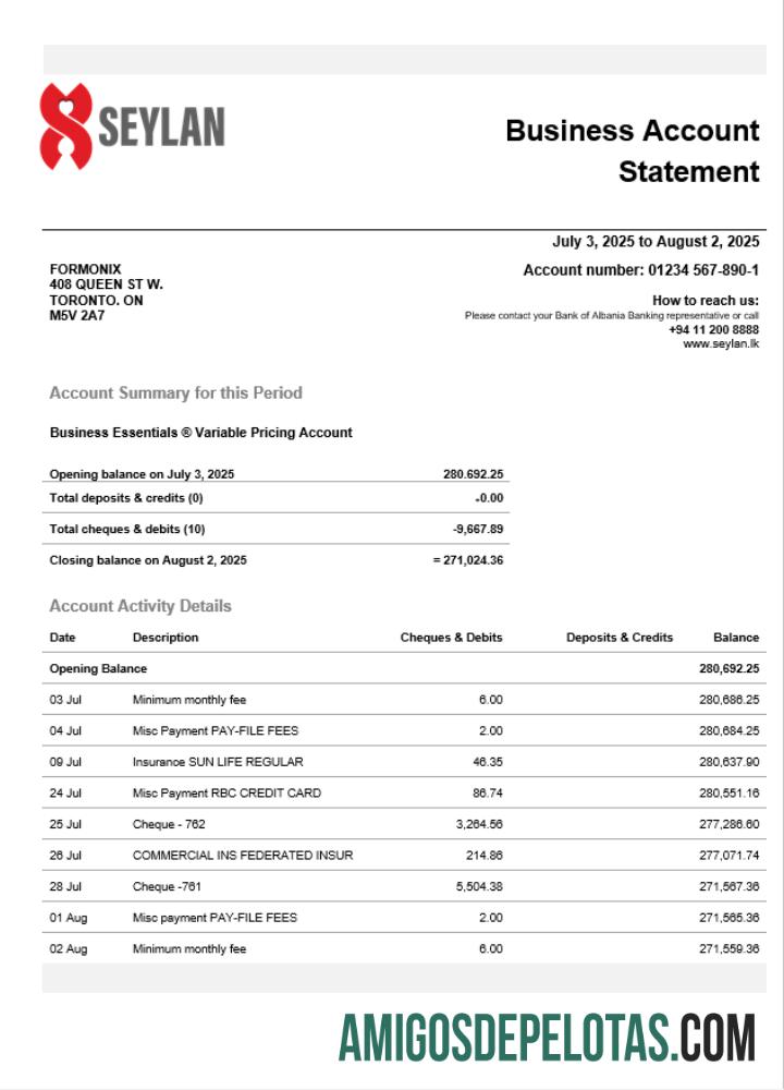 Imprimível Sri Lanka Seylan Bank Organization Checking modelo de extrato de conta Word e PDF